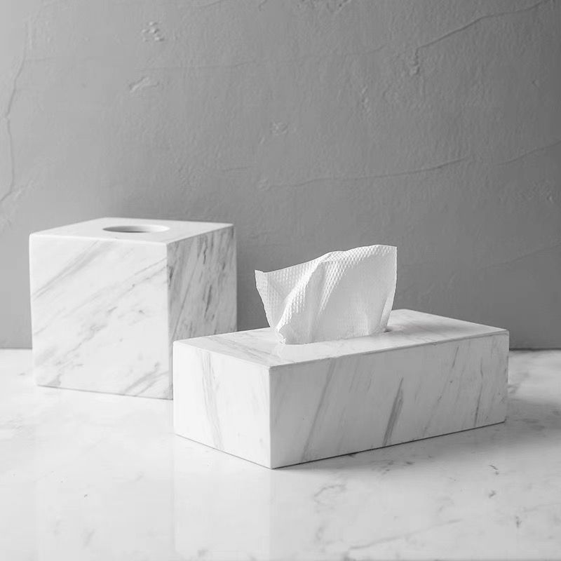 Classic White Marble Tissue Box Set (Cube + Rectangular)